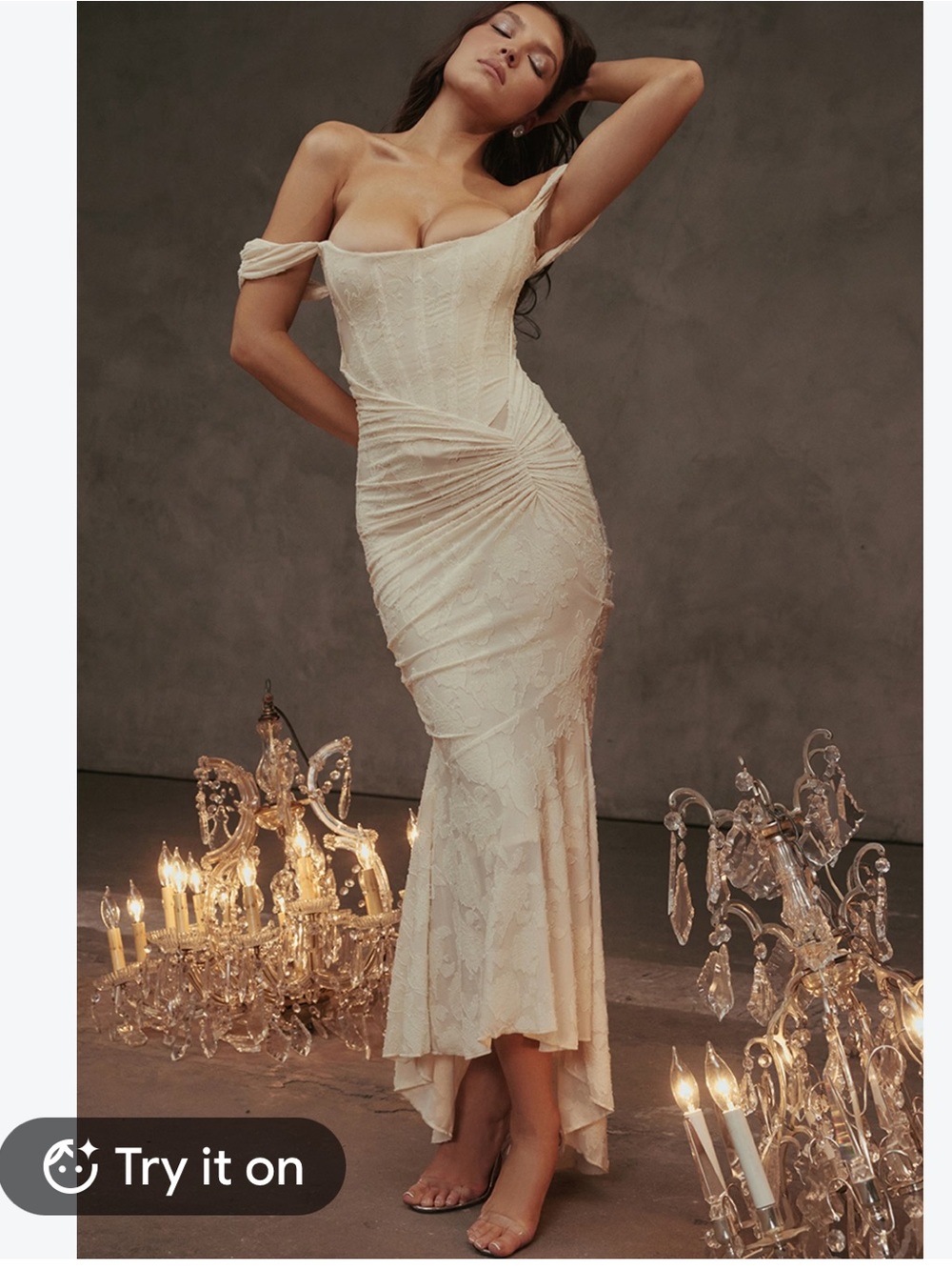 house of cb 
Off-Shoulder Ivory Lace Mermaid Dress